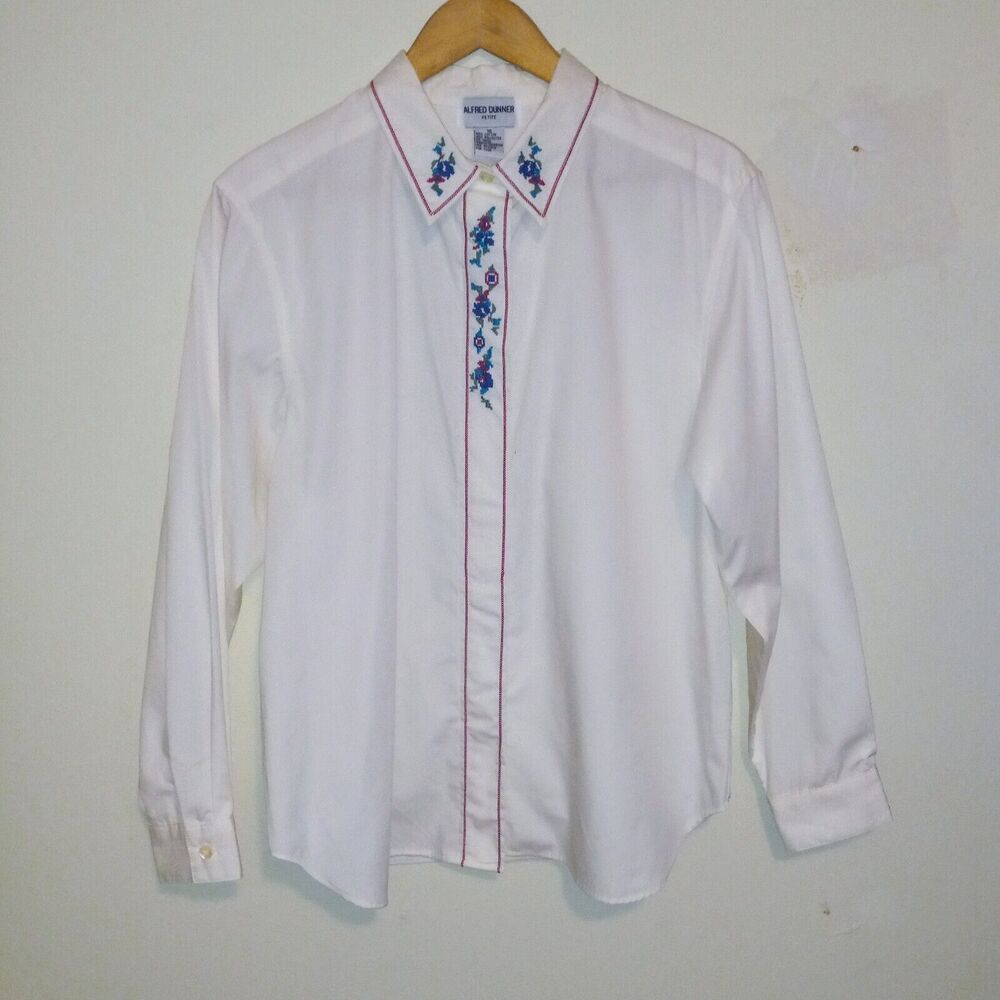 Vtg Alfred Dunner Floral Cross Stitch Button Up Blouse-Sz 16 Petite-Embroidered